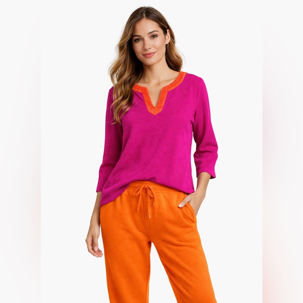 TALBOTS Women’s Terry Cloth Tunic Top Split Neck Soft M Petite cottagecore sport - Picture 2 of 7